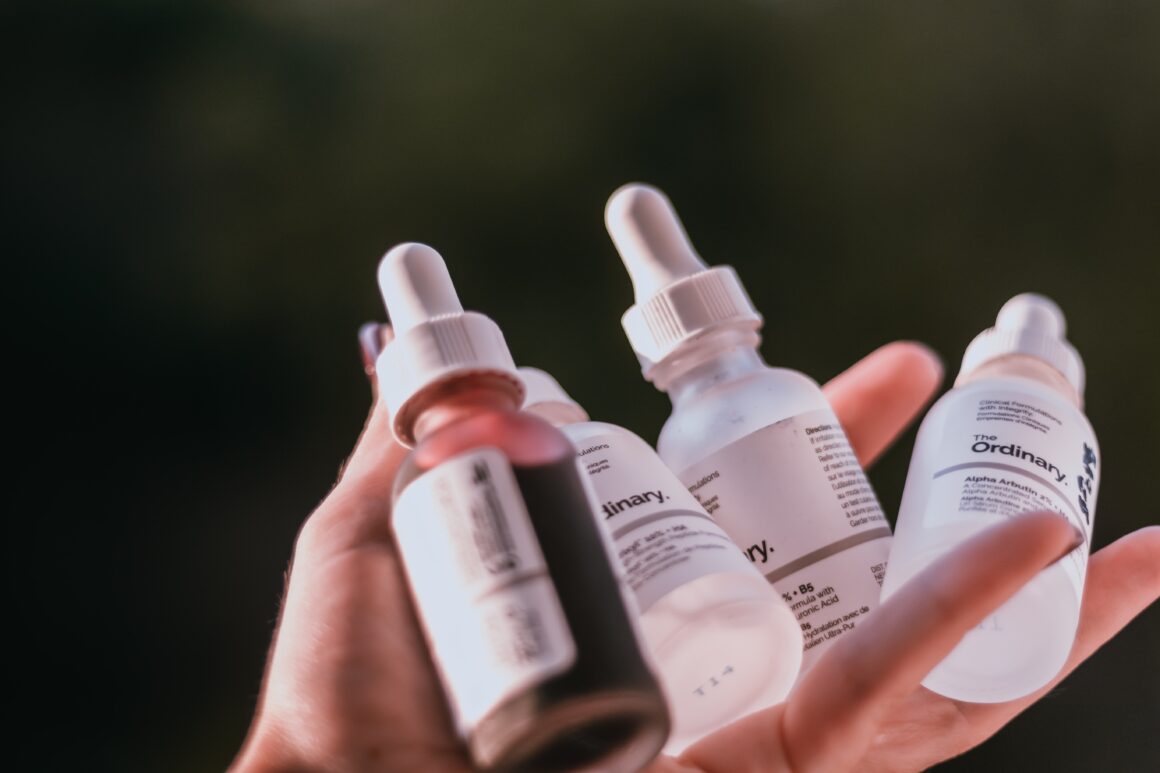 Bottles of various skincare serums