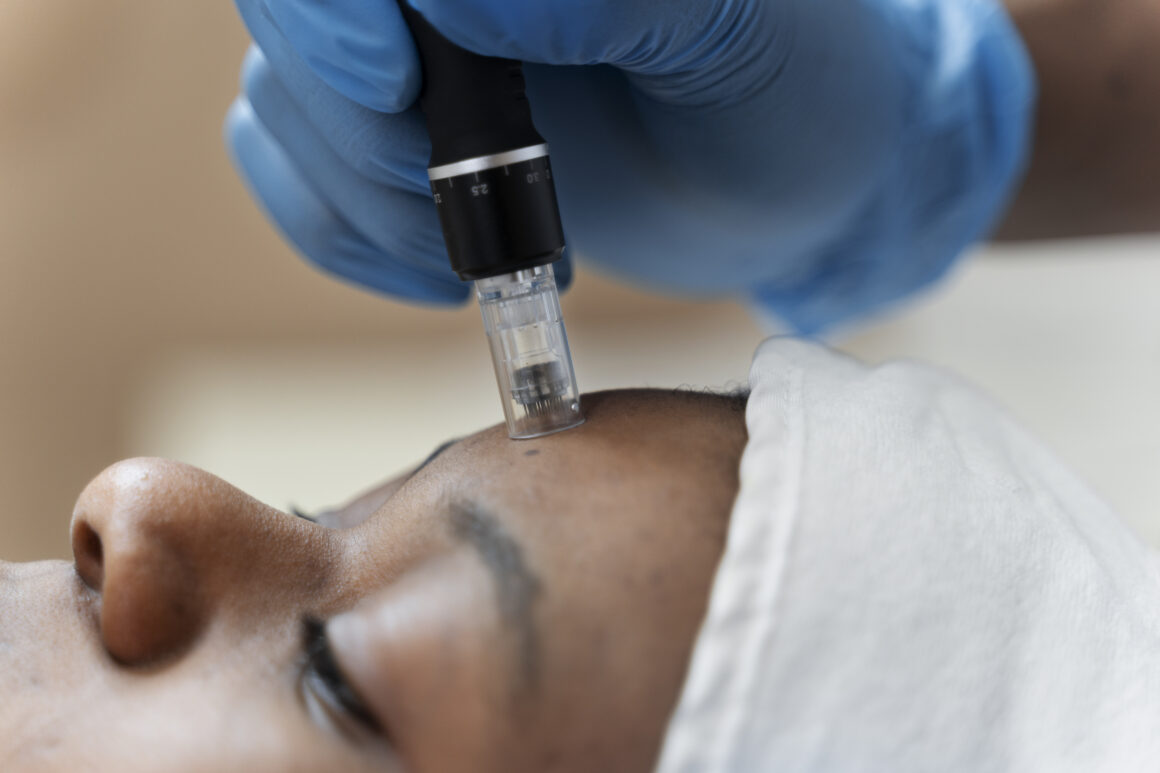 close up microneedling treatment on woman's skin