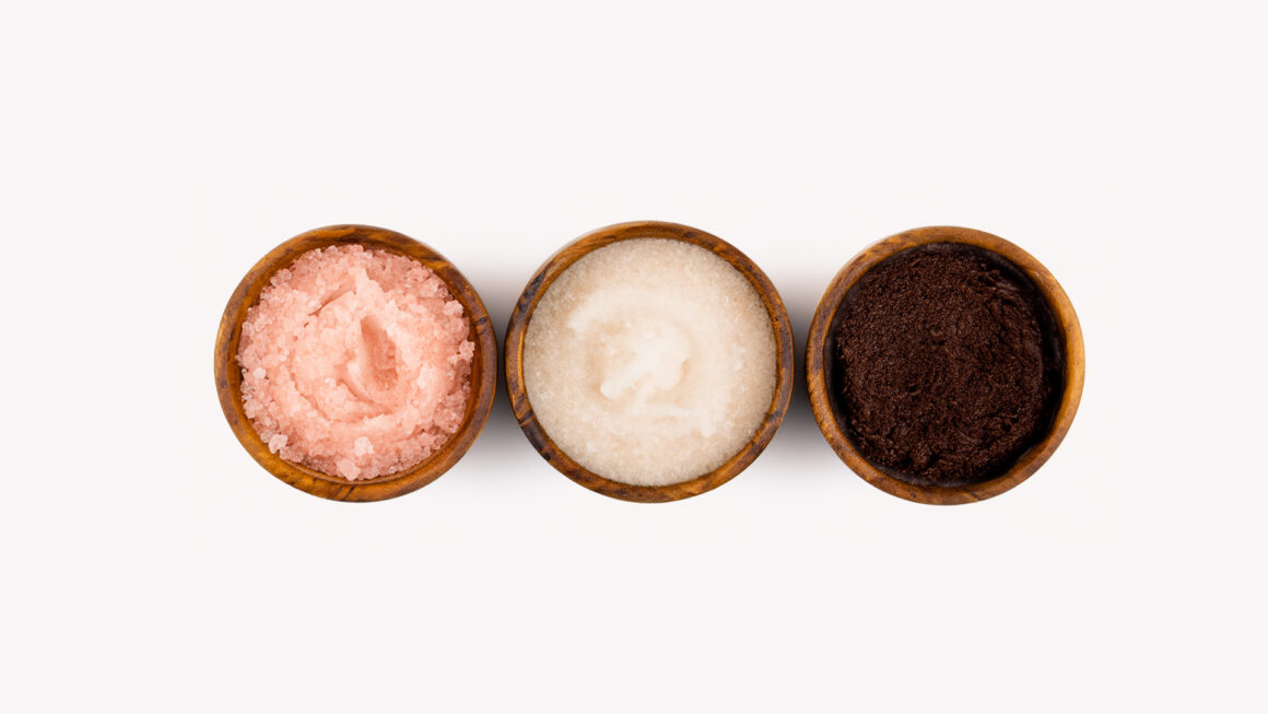 Top View of DIY Body Scrubs of Sugar, Coffee and Salt