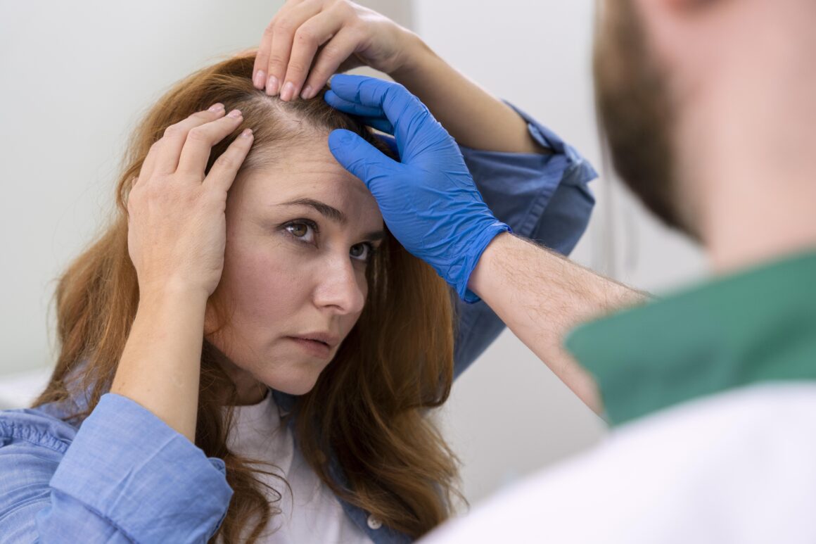 a doctor checking a women hair for dry scalp issues 